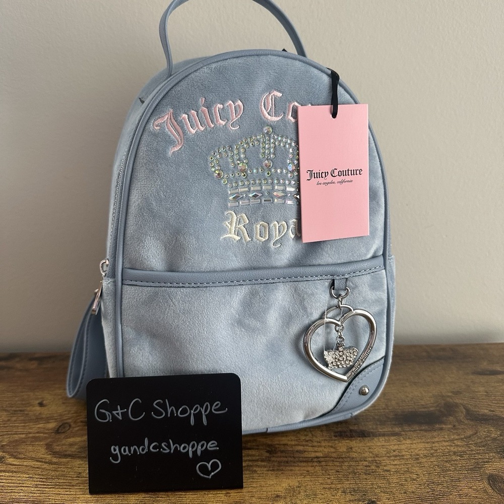 New Juicy Couture Kingdom Royal Small Backpack Dusty Blue Rhinestone Silver
